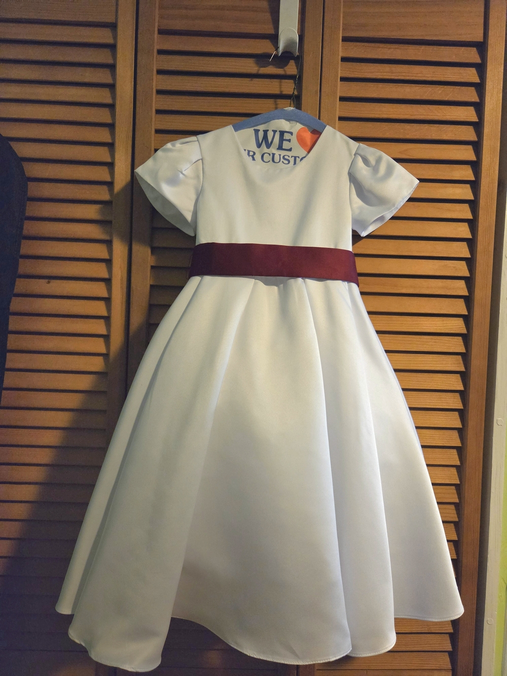 Azazie White Flower Girl Dress with Burgundy Sash